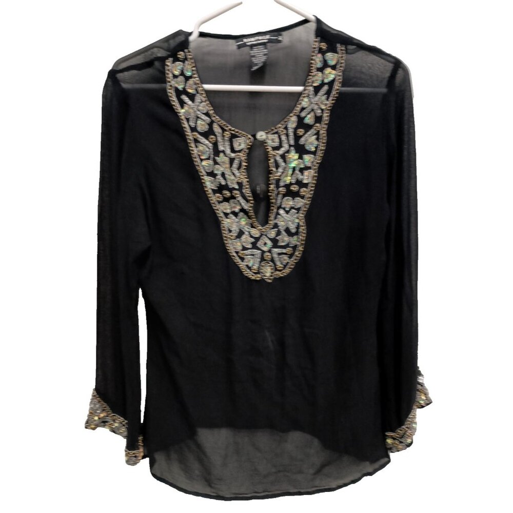 VTG Y2K Rampage Blouse Top Womens Medium Black Sheer Beaded Whimsygoth Holiday